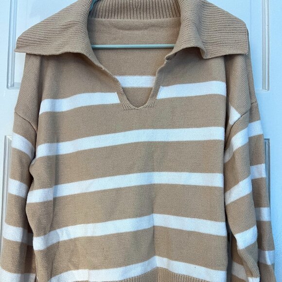 Stripped Beige Sweater with Collar - Picture 1 of 3